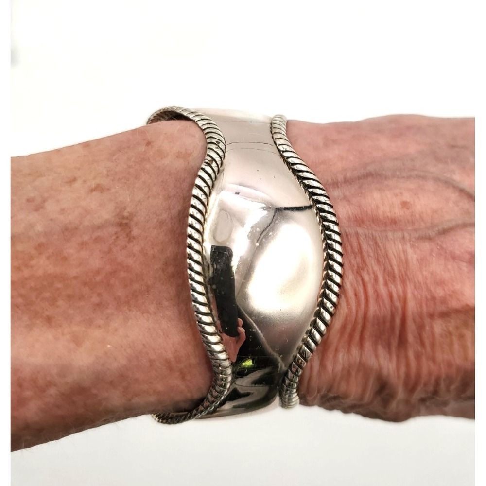 Wide Sculptural Rope Edge Cuff Bracelet Polished Silver Tone Statement Bangle